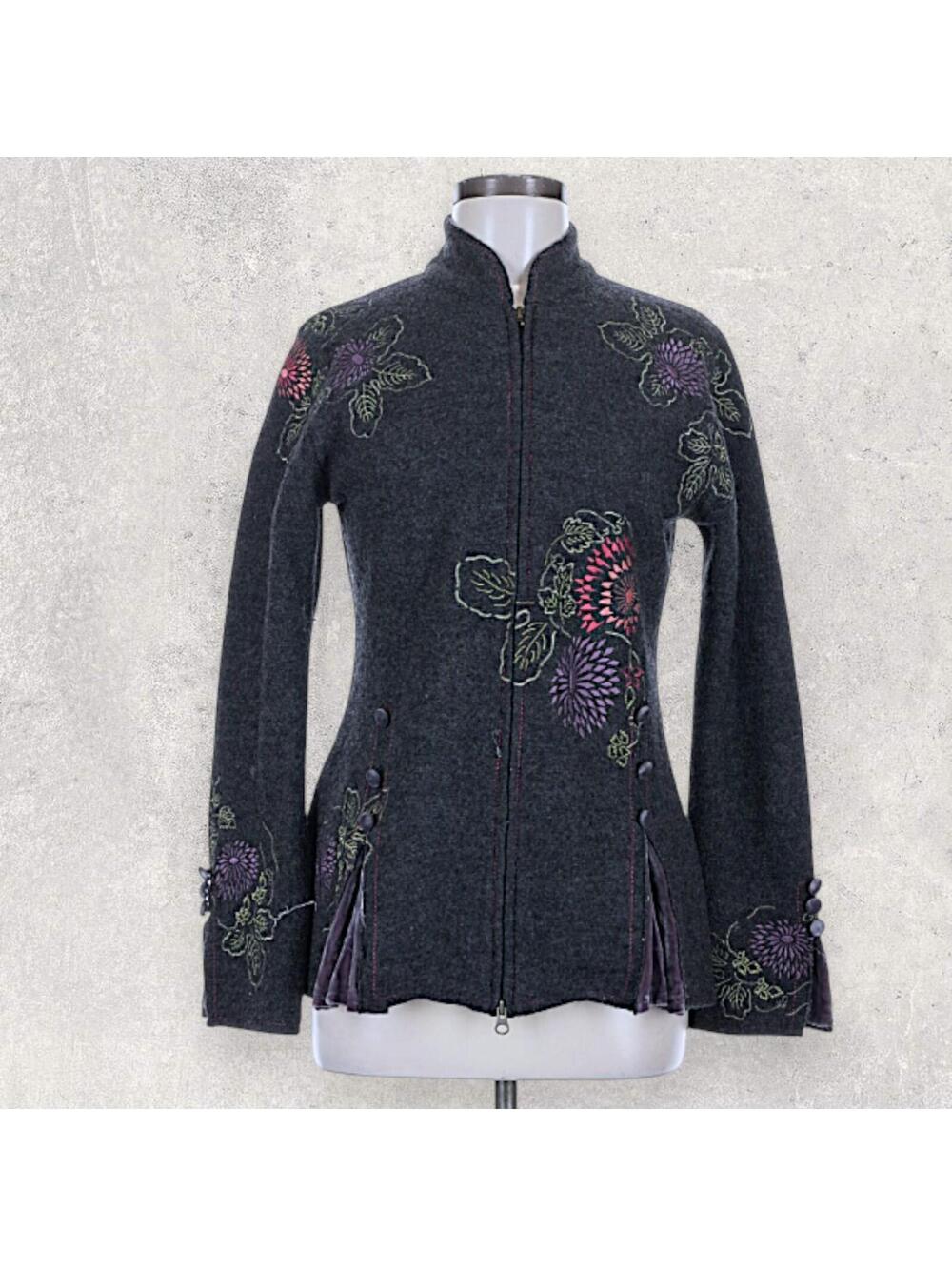 CoVelo Floral Embroidered 100% Wool Gray Zip-Up Bohemian Sweater Jacket M